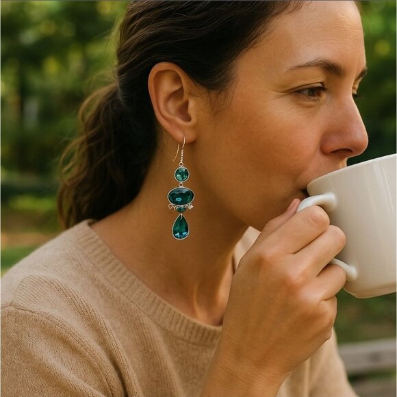 Paraiba Tourmaline ✦ 3-Stone Drop Earrings ✦ Sterling Silver Handmade Statement - Picture 9 of 11